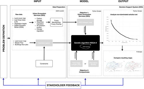 Figure 1. Flow chart of the optimization procedure. Problem Definition: together with stakeholders the problem and the required steps were defined. Input: The input consists of raw data processed to urban ecosystem service layers. These layers are combined to form the urban ecosystem service hotspot map. The decision space is mapped using Land cover, Master Plan and Buildings floor plan. Model: The core of the model (NSGA-II algorithm) minimizes loss of urban ecosystem services and maximizes compactness simultaneously. Output: After 5,000 iterations, the produced output data is further inspected. The resulting graphs and maps are analyzed and compared using the features of a decision support system. Stakeholder Feedback: The parameters are adapted depending on the feedback of the stakeholder. The iterative loop with the stakeholders is indicated in blue. Colour online.