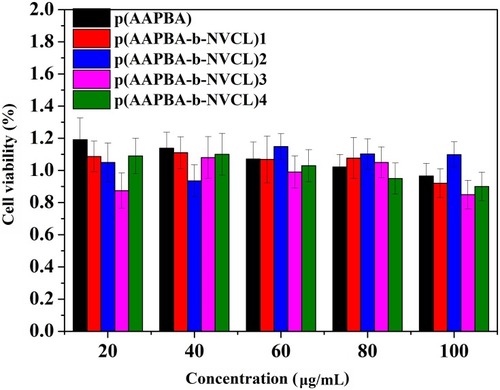 Figure 6 Cell viability of p(AAPBA-b-NVCL) nanoparticles by MTT assay at 37°C after incubation for 24 hrs. All values are presented as mean±SD (n = 5).