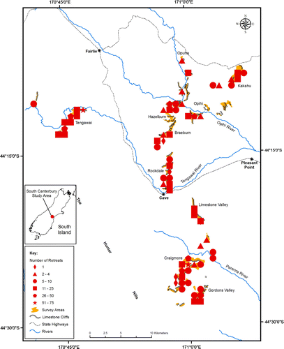 Figure 4  Retreat sites of the Southern Alps gecko found in limestone areas of South Canterbury. Symbols show number of retreat sites found in one map grid square (1000×1000 m) (details as in Fig. 2).