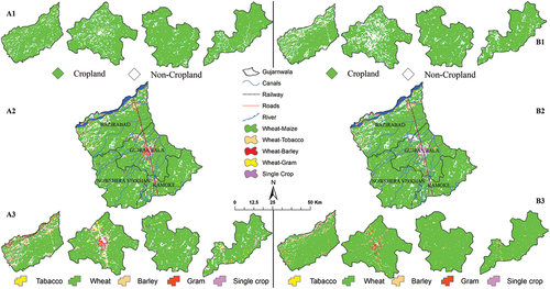 Figure 6. Comparison of the spatial extent of cropland, cropping pattern, and crop types using RF method with Sentinel-2 (Left side) and Landsat-8 (Right side) images.