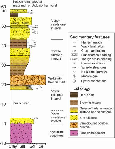 Figure 3. Simplified measured section of the lower part of the Torneträsk Formation exposed in the Orddajohka rivulet, north of Lake Torneträsk, Lapland, showing the stratigraphic position of the Vakkejokk Breccia Bed, trace fossils and wrinkle structures