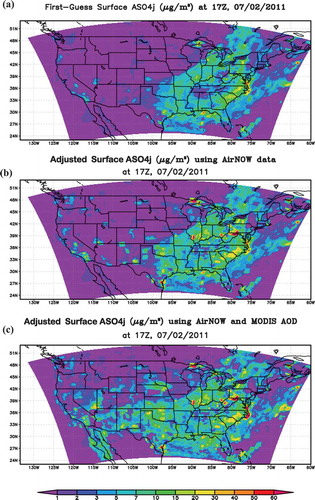 Figure 3. Predicted and OI-assimilated surface accumulation-mode sulfate at 17Z, 07/02/2011: (a) the first-guess model (14Z OI4 run), (b) OI4 AIRNow OI only, and (c) OI4 AIRNow+MODIS OI.