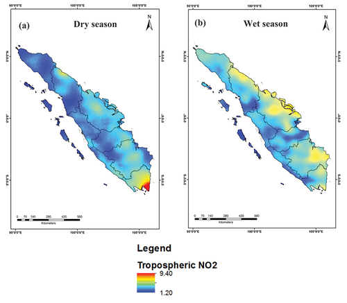 Figure 5. Seasonal VCDtrop NO2 concentration over Sumatra during 2012–2020, (a) dry season and (b) wet season (unit: 1015 molecule/cm2).