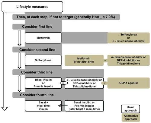 Figure 2 International Diabetes Federation treatment algorithm for people with type 2 diabetes.© 2005, International Diabetes Federation. Reproduced with kind permission from International Diabetes Federation Clinical Guidelines Task Force. Global guidelines for type 2 diabetes. 2005. Available from: http://www.idf.org/Global_guideline. Accessed on March 29, 2012.Citation10