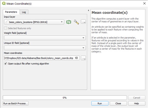 Figure 91. Compute mean coordinates from a point vector layer.