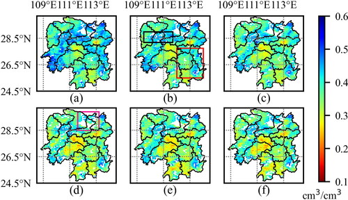 Figure 10. Monthly SM maps in Hunan Province from June to November, 2022. (a) June, 2022. (b) July, 2022. (c) August, 2022. (d) September, 2022. (e) October, 2022. (f) November, 2022.