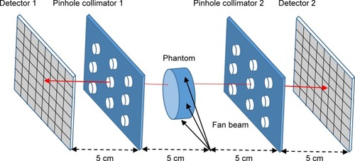 Figure 1 Schematic for the current MC model with the system components.Note: The red arrows signify the emission of XRF photons from the phantom, which strike the detectors.Abbreviations: MC, Monte Carlo; XRF, X-ray fluorescence.