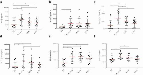 Figure 4. Cytokines levels after infection of hMDMs with M. smegmatis, M. bovis BCG or M. tb R179 compared to uninfected hMDMs measured through multiplex ELISA. (a) INF-γ, (b) IL-1β, (c) IL-12p40, (d) IL-12p70, (e) IL-6, and (f) IL-23. Detailed comparison of multiplex ELISA results are in Table S1