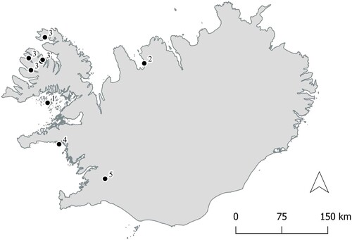 Figure 1 . Map of locations of past research; 1-Melckmeyt, 2-Kolkuós, 3-Sample of whaling stations in the Westfjords, 4-Phønix, 5-Unidentified wreck in lake Þingvallavatn (Alexandra Tyas).