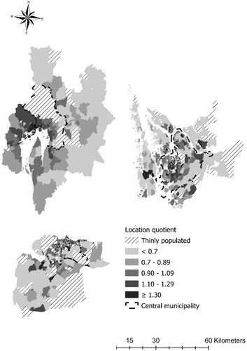 Figure 3. Location quotient: business services workforce in the fourth income quartile versus the entire workforce in the same income bracket. Upper left: Oslo, upper right: Bergen, lower left: Trondheim.