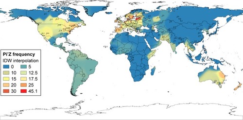 Figure 2 Distribution of Pi*Z frequencies in the world (×1,000).Abbreviation: IDW, inverse distance weighted.