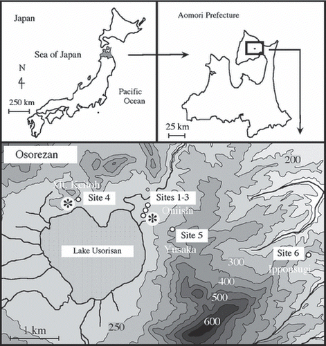 Figure 1 Map showing the sampling sites. Sites 1–5 are acidified sites located within the crater of Osorezan and Site 6 is a reference site. Asterisks (*) indicate the fumaroles.