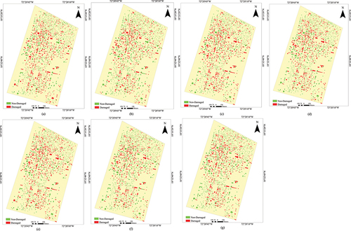 Figure 13. Visual comparison of the results of building damage mapping for the Haiti earthquake: (a) CNN, (b) Res-CNN, (c) CECNN, (d) VGG-19, (e) ViT, (f) the proposed method, and (g) ground-truth.