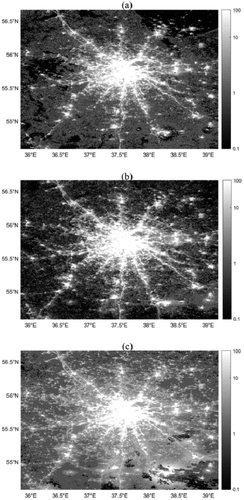 Figure A1. Light images (units: nW cm−2 sr−1) around Moscow on days 298 (October 25, 2021), 411 (February 15, 2022), and 423 (February 27, 2022).