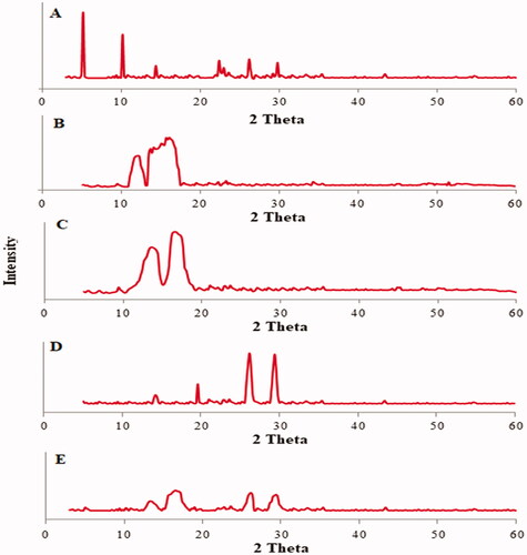 Figure 6. XRD-spectra: (A) pure luteolin, (B) cholesterol, (C) bile salt, (D) polyethylene glycol 2000, and (E) LL-PG-BLs-opt.