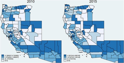 Figure 2. Emissions per capita (ln) in California and contiguous states: Oregon, Nevada and Arizona in 2010 and 2015.