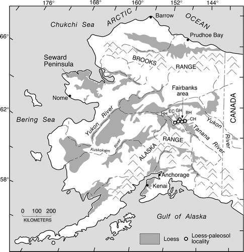 FIGURE 1 Map showing the distribution of loess in Alaska (adapted from CitationHopkins, 1963, for the Seward Peninsula and CitationPéwé, 1975, for the rest of the state) and localities studied. Abbreviations: HH, Halfway House; EC, Eva Creek; CH, Chena Hot Springs Road; BH, Birch Hill; GH, Gold Hill.
