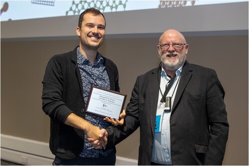 Figure 4. Recipient of the 2022 Christopher Wormald Prize for most meritorious postgraduate research: Fabian L. Thiemann (left), Imperial College London, UK (presented by Tim Mays (right) representing the TCS).