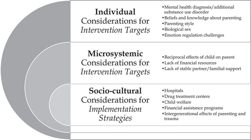 FIGURE 1 Considerations for intervention targets and implementation strategies guided by Bronfenbrenner’s ecological theory.