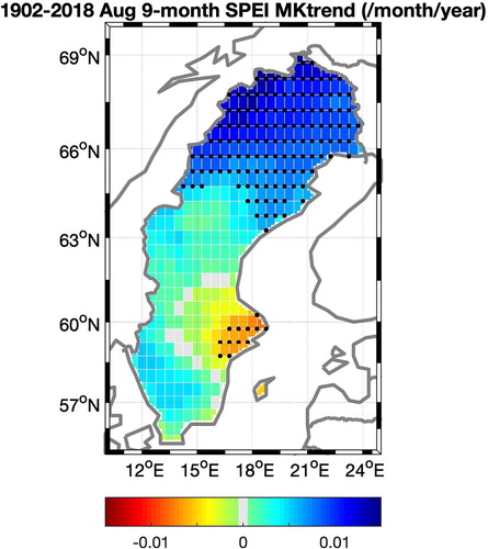 Figure 2. Spatial pattern of 9-month SPEI trend for August over the period 1902–2018, calculated based on CRU TS4.03 monthly precipitation and evapotranspiration dataset (Harris et al. Citation2020). Grids, where the trends are significant at p < 0.05 level, are shown in black dots.