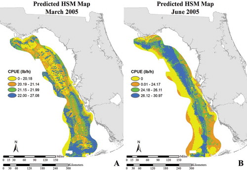 FIGURE 12. Habitat suitability modeling maps for pink shrimp for (A) March 2005 and (B) June 2005.