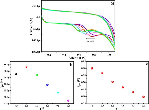 Figure 9. (a) CV for 1.0 mM PYX at PGMGCPS surface at different pH, (b) plot of Ipa versus pH, (c) Epa versus pH graph.