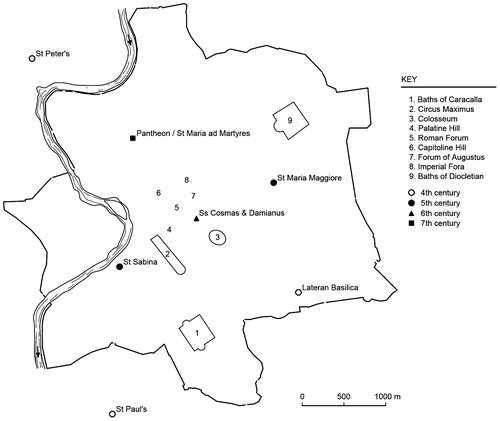 Fig 4 The location of early church sites in relation to the imperial topography of Rome. © A Augenti.