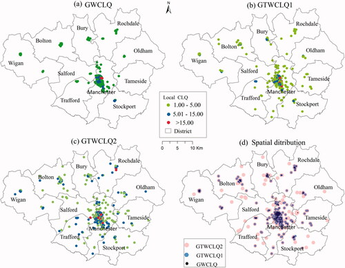 Figure 7. Spatial distribution of significant local values for C13 to C13 from (a) GWCLQ, (b) GTWCLQ1, (c) GTWCLQ2 and (d) the spatial distribution of merged clusters from three methods.