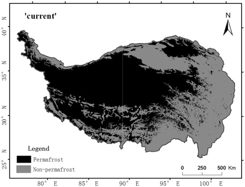 Figure 2. Simulated ‘current’ permafrost distribution on the QTP.