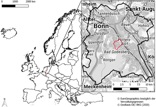 Figure 1. Map of Europe showing the position of the city of Bonn (Eurostat Citation2020, Bundesamt für Kartographie und Geodäsie Citation2020). The red polygon within the city of Bonn (black polygon) indicates the district of Dottendorf (Stadt Bonn Citation2020, Geobasis NRW Citation2020).