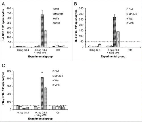 Figure 6. RV VP6-specific IL-4 and IFN-γ production by T-cells. RV Wa cell culture antigen and recombinant VP6 protein were used to stimulate IL-4 ((A)and B) and IFN-γ (C) production from the splenocytes of mice immunized with 0.3 μg of GII.4 or GI.3 VLPs alone or in a combination with 10 μg of RV VP6. Control (Ctrl) mice received carrier only (PBS). Results are expressed as the mean spot forming cells (SFC)/106 cells of the duplicate wells with standard errors. The experiments were repeated 2 or more times with similar results. A dashed line indicates the cut-off limit >50 SFC/106 splenocytes.