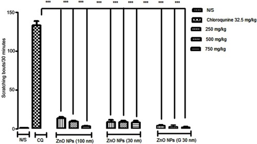 Figure 3 Scratching bouts/30 minutes with CQ and effect of ZnO NPs (100, 30 nm and G 30 nm)Abbreviations: N/S; normal saline, CQ, Chloroquine; ZnO NPs, Zinc oxide nanoparticles; G, Green synthesized.