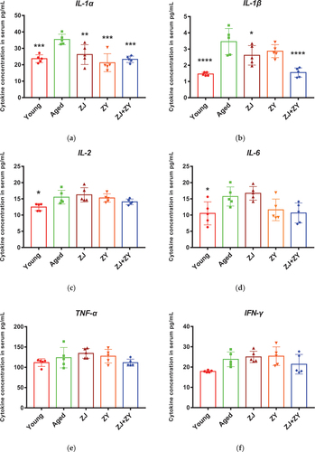 Figure 4. Cytokine secretion in serum of mice. Serum was collected following 5-week intragastric administration. Pro-inflammatory cytokines, including IL-1α, IL-1β, IL-2, IL-6, TNF-α, INF-γ, and GM-CSF (a–g), and anti-inflammatory cytokines, including IL-4, IL-5, and IL-10 (h–j), related to aging were detected.