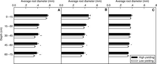 Fig. 7  Average root diameter in high- and low-yielding soybean pools along soil profiles, for each of following positions: on plant (A); at halfway between plants (B); at halfway between rows (C). Note: * and ** indicate depths at which average root diameters of the two yielding pools were significantly different at P < 0.05 and P < 0.01, respectively; bars represent standard error of the mean (n = 4)