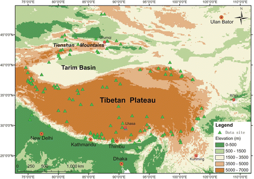 FIGURE 1 Location of 143 snowline data points in the Tibetan Plateau and surrounding areas.