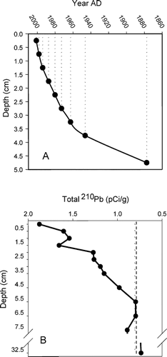 FIGURE 5 (A) Age-depth model for Skeleton Lake based on CRS model (CitationBinford, 1990). (B) Total 210Pb activities. The dashed line indicates estimated supported 210Pb.