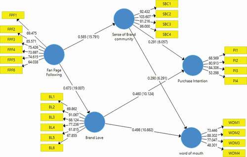 SmartPLS output (Bootstrapping, Path coefficients and t-values) of the study’s model