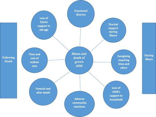 Fig. 1. Potential pathways to adverse impacts of the HIV/AIDS epidemic on parents of infected adults prior to widespread availability of ART (Knodel et al., Citation2003; Van Landingham et al., Citation2005).