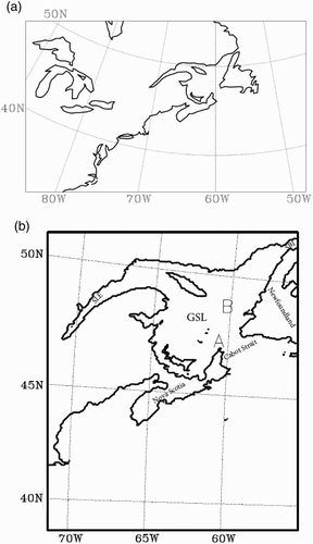 Fig. 1 Model domains for (a) the CRCM and (b) NEMO. Two comparison locations are indicated at “A” (60.9833°W, 47.0333°N) and “B” (60.6333°W, 48.48333°N), which are used in Figs 7 and 8. SBI: Strait of Belle Isle, GSL: Gulf of St. Lawrence, SLE: St. Lawrence estuary.