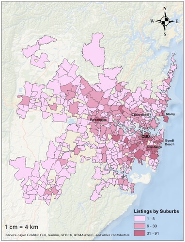 Map 2. Shared housing supply by Suburbs.Source: Flatmates accommodation listings Aug 2020.