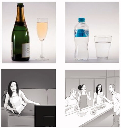 Figure 1. Top: Example of Beverage Photographs (left: Champagne, right: Water). Bottom: Examples of Emotional Scenario Drawings (left: Female Sedation-Positive, right: Group Arousal-Negative).