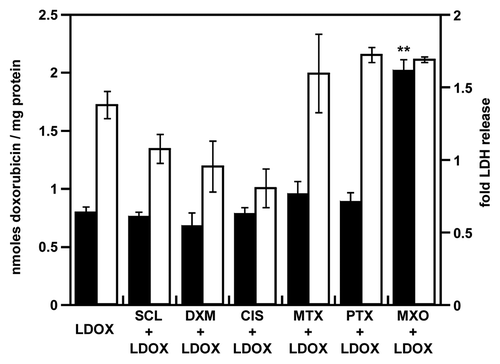 Figure 5. Enhancement of liposomal doxorubicin accumulation and toxicity after pretreatment of NCI-ADR-RES spheroids. NCI-ADR-RES spheroids were preincubated with cytotoxic doses of priming drugs before addition of Lipo-Dox (LDOX, 100 µM): sclareol (SCL + LDOX), dexamethasone (DXM + LDOX), cisplatin (CIS + LDOX), methotrexate (MTX + LDOX), paclitaxel (PTX + LDOX), mitoxantrone (MXO + LDOX) or LDOX alone (LDOX). The accumulation of doxorubicin (black bars) was quantitated (Fig. 2). LDH release (white bars) was measured (Fig. 1). Data represent the mean ± SD, n = 3. Student’s t-test; **p < 0.01 compared with unprimed group.