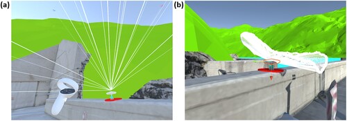 6 Visualisation of a the line of sights between antenna and satellites and b the 3D sky mask in the VR application