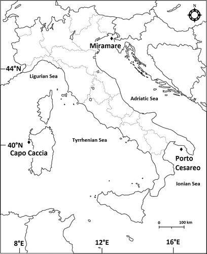 Figure 1. Geographical position of the three Italian Marine Protected Areas.