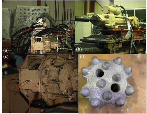 Figure 1. Experimental setup and equipment used for data collection; (a) experimental setup, (b) rotary percussion rock drifter, (c) accelerometers mounted on the guide cell of the rock drifter, and (d) tungsten carbide tapered drill bit used for drilling.