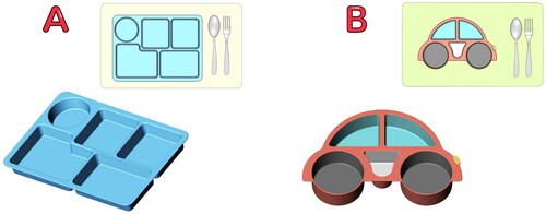 Figure 12. A food tray with partitioned ends – (A) rectangular platform, and (B) fantasy platform.