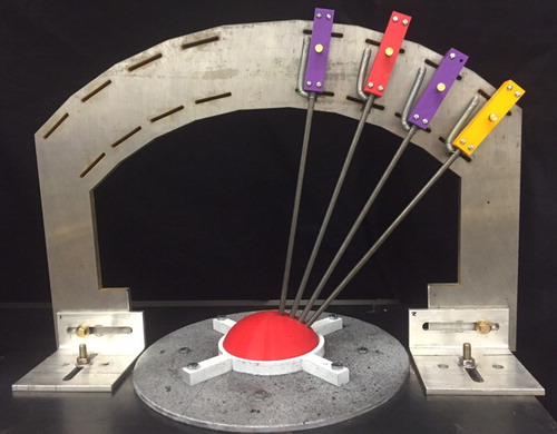 Figure 10. Calibrating the arc (red rapid-prototyped model of tissue phantom contains calibration holes).