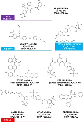 Figure 8 Examples of potent PTP inhibitors belonging to different druggability class along with their experimental potency and calculated TPSA (produced by MOECitation16).