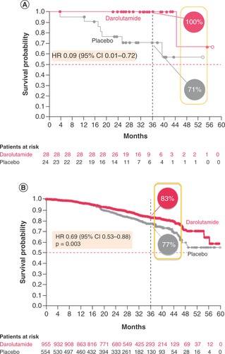 Figure 2. Overall survival in the (A) Black/African–American subgroup and (B) overall population of ARAMIS at the final data cut-off (intent-to-treat population).HR: Hazard ratio.Reprinted with permission from [Citation24], Copyright © 2020 Massachusetts Medical Society.