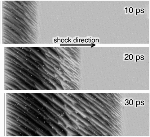 Fig. 4. Interface morphology viewed from the lower grain onto the GB. Only non-FCC atoms are shown and colored according to their z position (white=z0; black=z0+5 nm).